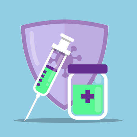 green vaccine in the syringe and bowl with virus shield backgroundのイラスト素材
