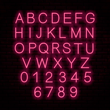 Neon red letters. English alphabet. Vector Illustrationのイラスト素材