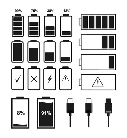 Set of battery indicator icons and charger connector. Vector illustrationのイラスト素材