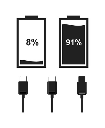 Set of battery indicator icons and charger connector. Vector illustrationのイラスト素材