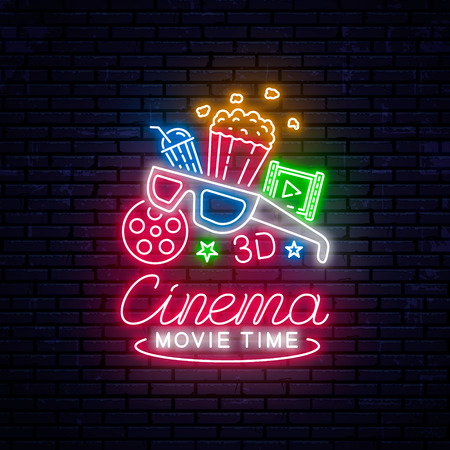 Bright neon sign for the cinema. Vector Illustrationのイラスト素材