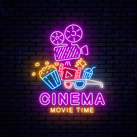 Bright neon sign for the cinema. Vector Illustrationのイラスト素材