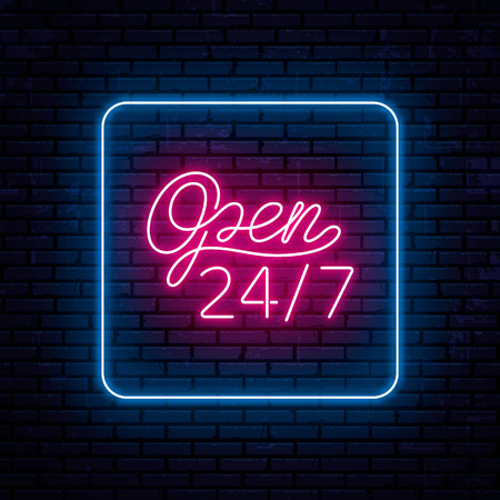 Beautiful neon inscription open 24 hours 7 days a week. Located in the center of a square with rounded corners. Ready sketch for neon sign. Vector Illustration.のイラスト素材