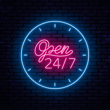 Beautiful neon inscription open 24 hours 7 days a week. Located in the center of the round frame. Ready sketch for neon sign. Vector Illustrationのイラスト素材
