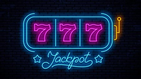 Neon gaming slot machine 777. Neon sign design. Vector game machine. Design lettering Jackpot.のイラスト素材