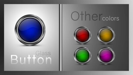 Set of colored glass buttons blue, green, yellow, red, pink color. Vector buttons for use in web design, interface design, games, app and software.のイラスト素材