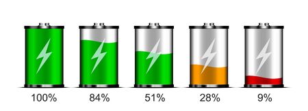 Set of battery indicators for the design of the interface of the smartphone, tablet and other devices. Battery with different levels of charge. Vector icon, symbol, sign for different types of devices.のイラスト素材