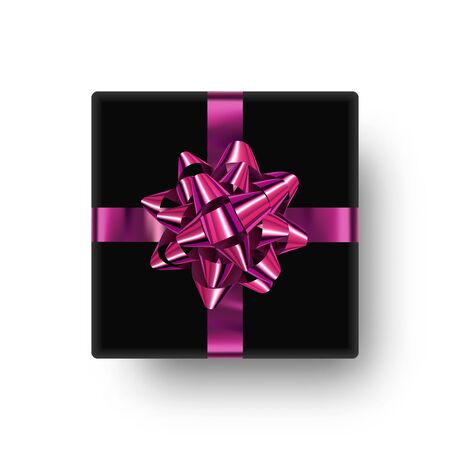 Clipart, gift box with pink shiny bow and ribbon isolated on white background. Vector decorative object for design of banner, card, poster and more.のイラスト素材