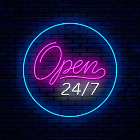 Neon sign, open 24 hours day, 7 days week. Neon sign for shop, club, motel, casino, bar and more. Ready vector template for signboard.のイラスト素材