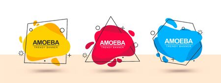 Modern flat banners with black outline in the memphis style. Ready templates of abstract banners for use in web design, ad and for printing in typography.のイラスト素材