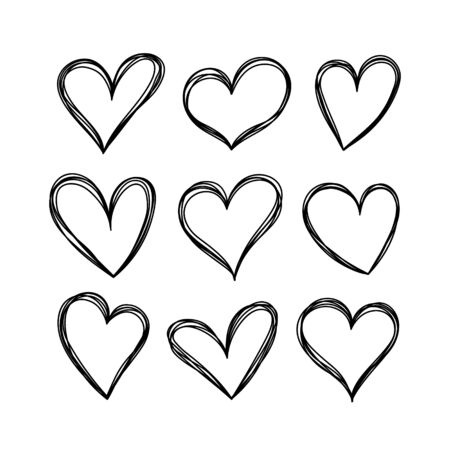 Vector hearts in doodle style. Set of hearts isolated on white background.のイラスト素材