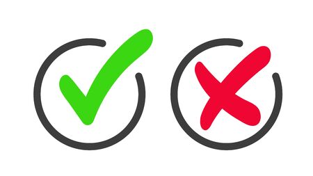 Green checkmark and red cross icon in round frame. Icon approval and rejection isolated on white background.のイラスト素材