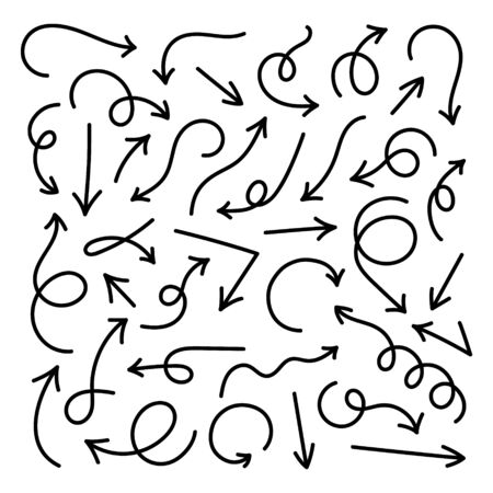 Collection of curves drawn arrows. Set of vector arrows in doodle style isolated on white background. Element for decoration.のイラスト素材