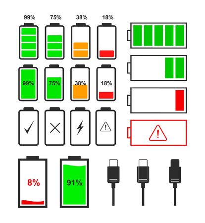 Set of icons of battery indicator and type-c cable isolated on white background. Collection of vector battery icons for interface design of various types of devices.のイラスト素材