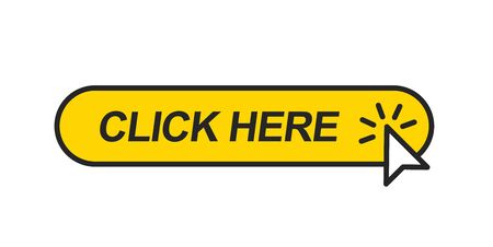 Click here. Mouse cursor clicking on the yellow button. Icon for web design isolated on white background.のイラスト素材