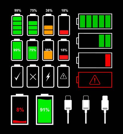 Battery icons and type-c cable for various types of devices isolated on black background. Vector indicator icons for battery level.のイラスト素材