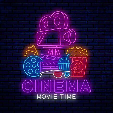 Bright neon design for cinema decoration. Modern neon, emblem, sign, label, icon for cinema. Bright design to decoration billboards, banners, posters, signboard and more. Movie time.のイラスト素材