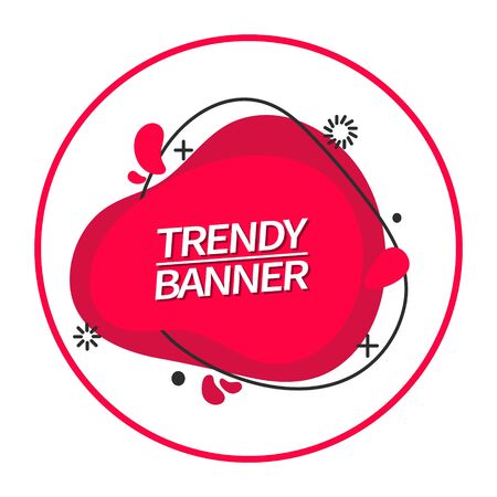 Bright, red liquid shape banner in Memphis style for use in ad, marketing, web and print. Vector trendy banner.のイラスト素材