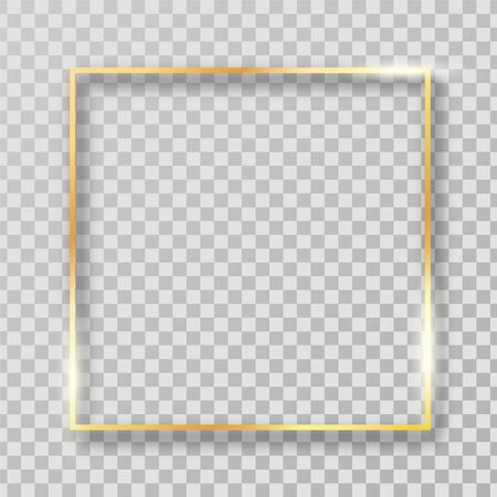 Gold shiny, glowing, luxury vintage frame with shadows isolated on transparent background. Vector golden realistic rectangle border.のイラスト素材