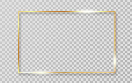 Gold luxury shiny glowing realistic vintage frame with shadows isolated on transparent background. Vector golden realistic rectangle border.のイラスト素材