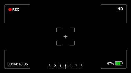 Camera frame viewfinder screen of video recorder digital display. Vector, black camera display interface.のイラスト素材