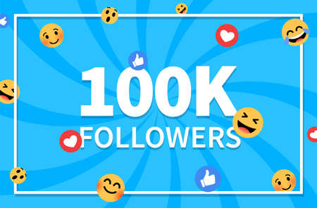 Thank you 100,000 followers background. Celebration postcard 100k followers. Isolated smiling...