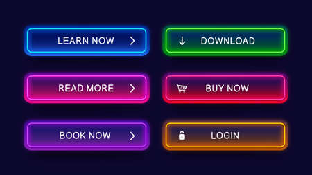 Trendy, glow, neon buttons for web design. Abstract, vector, neon buttons isolated on dark background. Ready web concept element for website.のイラスト素材