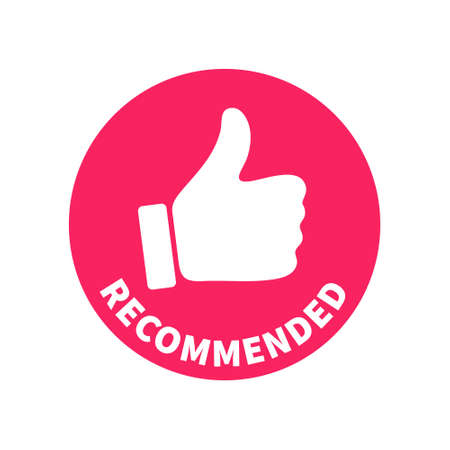 Red round tag banner - Recommended. Vector sign with thumb up and text inscribed in circular shape. Ready concept design element for use in marketing, advertising, print and web.のイラスト素材