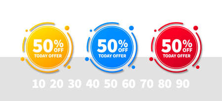 Sale tags set vector badges template, up to 10, 20, 30, 40, 50, 60, 70, 80, 90 percent off. Templates ready for use in advertising design, web and print design. Trendy banners of yellow, blue, red.のイラスト素材