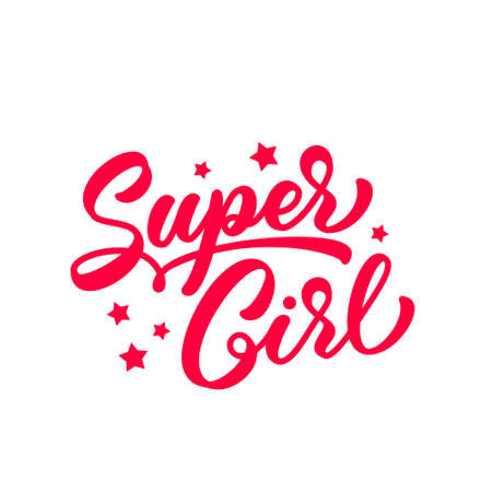 Super girl hand drawn lettering for t-shirt design. Trendy red text in handwritten style. Supergirl slogan for clothes design.のイラスト素材