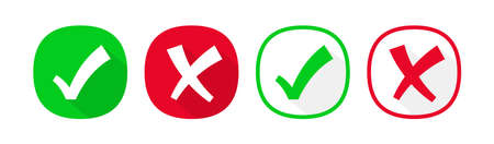 Check mark and Cross icons in two styles, flat and line. Vector concept elements set for use in ui, games, apps, web. Green check mark and red cross isolated on white.のイラスト素材
