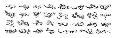 Set of vintage calligraphic flourish, curls, dividers, scrolls and swirls. Simple design elements. Hand drawn flourish vector collection.のイラスト素材