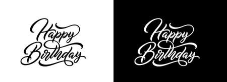 Happy Birthday text in hand lettering style. Beautiful text for greeting card. Vector handwritten lettering in black and white style. Modern greeting calligraphy.のイラスト素材