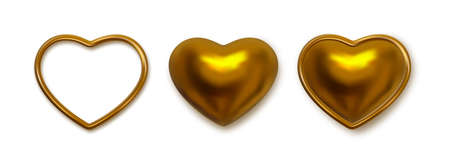 Golden hearts concept elements. Vector clipart objects. Realistic 3D vector elements. Gold decoration objects.のイラスト素材