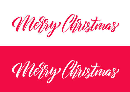 Merry Christmas text. Holiday hand drawn lettering isolated on white and red background for banner, poster, card. Christmas handwritten calligraphic text.のイラスト素材