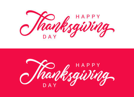 Happy Thanksgiving hand drawn lettering. Holiday calligraphy isolated on white and red for postcard, poster, banner design element. Happy Thanksgiving script calligraphy.のイラスト素材