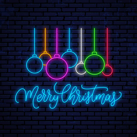 Christmas neon illustration. Holiday glowing signboard. Xmas neon handwritten calligraphic text. Merry Christmas glowing hand drawn illustration isolated on brick wall background.のイラスト素材