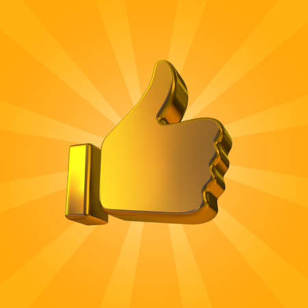 Golden thumb up icon isolated on bright yellow background. Vector golden like or okay icon.のイラスト素材