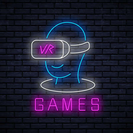 VR Games neon icon for decoration in gaming club. Vector neon sign for advertising game club. Glowing virtual reality.のイラスト素材