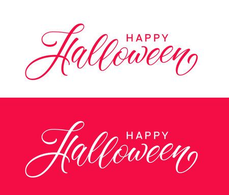 Happy Halloween hand drawn lettering. Calligraphic text design. Modern typography design isolated on red and white background. Halloween text for banner.のイラスト素材