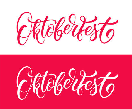 Oktoberfest hand drawn lettering. Calligraphic text decoration for beer festival. Modern typography design isolated on red and white background. Festive text for banner.のイラスト素材