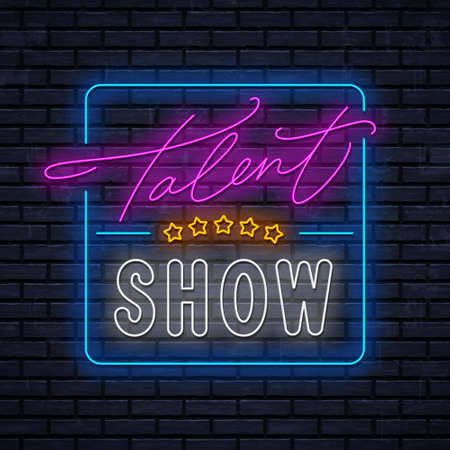 Talent Show neon on night brick wall background. Vector glowing signboard template. Bright neon sign.のイラスト素材