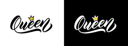 Queen hand lettering with crown for girl clothes. Trendy calligraphic print design for t-shirt. Queen vector text design.のイラスト素材