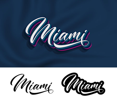 Miami, hand lettering design for printing on clothes. Text for t-shirt. Modern typography design. Calligraphic lettering isolated on white background.のイラスト素材
