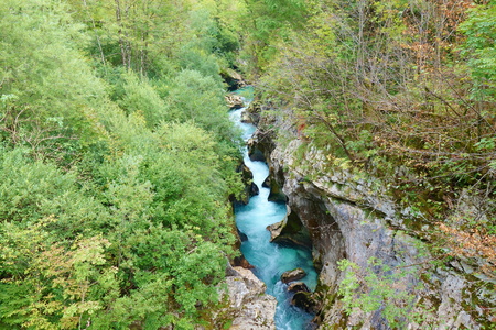 Velika Korita or Great canyon of Soca river, Bovec, Slovenia. Beautiful vivid turquoise river stream...