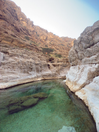 Wadi Ash Shab canyon in Sultanate of Oman, it is a canyon where you need to swim and hike to get...