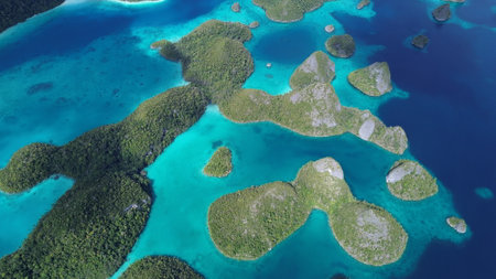 Remote lagoon at Wayag island consisting of limestone islands, Raja Ampat, West Papua, Indonesia, part of the Raja Ampat Marine Protected Areaの写真素材