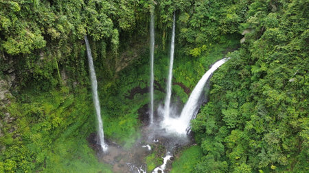 Majestic Tapahan Telu Waterfall in Tomohon, Northern Sulawesi, Indonesia, Manado provinceの写真素材