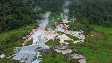 Drone view of Danau Linow with multiple hydrothermal vents all around, Tomohon, Northern Sulawesi, Indonesiaの写真素材