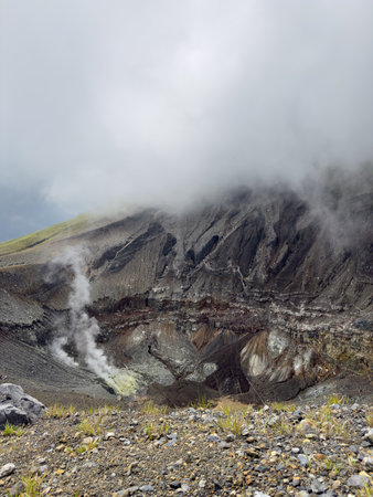 Panoramic view and natural landscape of the active crater of Lokon volcano, one of the twin volcanoes located in the Tondano plain near Tomohon, Minahasa Regency, North Sulawesi, Indonesiaの写真素材